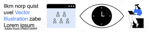 Remote work, productivity, time management, virtual meetings, collaboration, education. A clock in an eye, a virtual meeting interface and a person with a laptop. Remote work and productivity