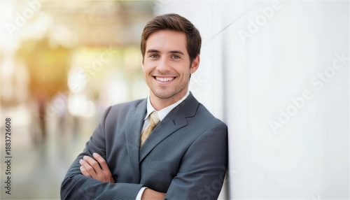 Young businessman leaning on white wall with fresh smile