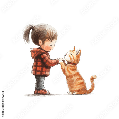 kid petting cat hand drawn vector illustration