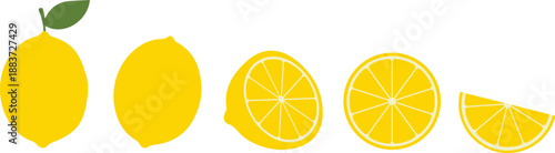 Vector icon set of yellow lime or lemon - whole fruit, half, slice and wedge in minimalist style