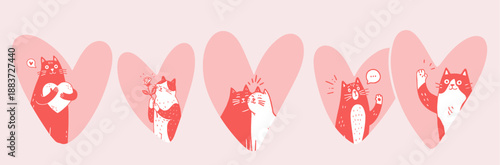 Valentines day love cats hand drawn illustration set for greeting cards posters and romantic designs