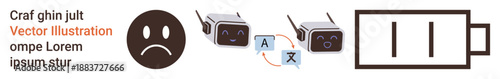 Communication tools, language translation, energy depletion, emotion, technology, digital icons. Sad face and low battery icon with a translation concept. Communication tools and energy depletion