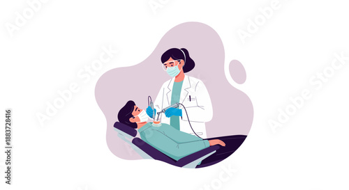 Dentist Wearing Mask Treating Patient In Dental Clinic.