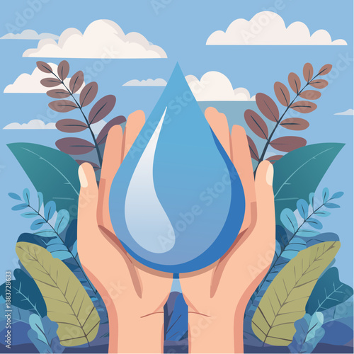 Hands holding water drop with leaves in conservation concept illustration