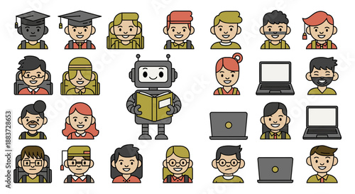 Set of diverse cartoon characters with laptops and graduation caps.