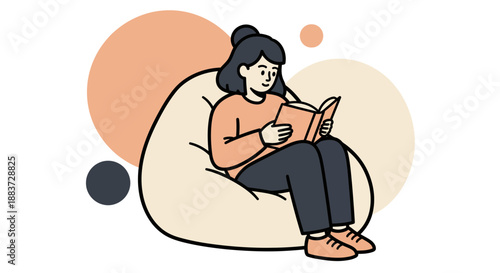 Woman Sitting on Bean Bag Reading Book.