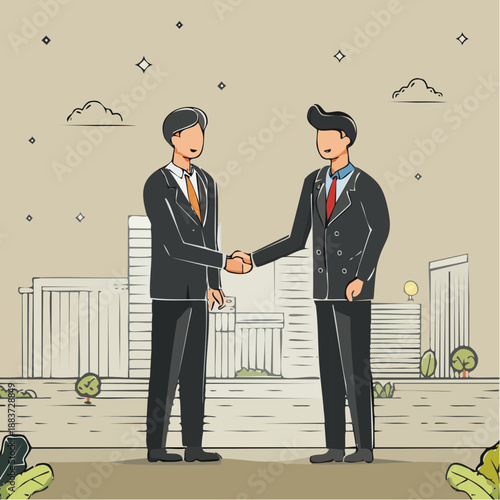Two businessmen shaking hands in a cityscape, symbolizing partnership and agreement, viewed from a slight angle in a vector illustration
