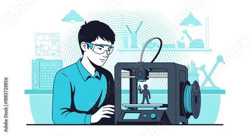 Young man operating 3D printer technology indoors.