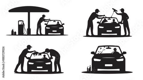 Car wash service process silhouettes with dynamic action in high contrast black and white vector illustration for automotive business promotion.