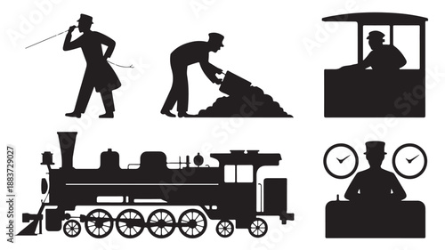 Vintage train workers and steam locomotive in classic industrial retro black and white graphic isolated vector silhouettes set for railway history and transportation design projects.
