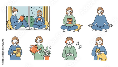 Collection of women engaging in various relaxing and mindful activities at home.