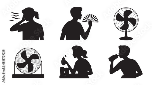 People experiencing heat and cooling down methods in a graphic silhouette style with monochrome contrast for summer health awareness.