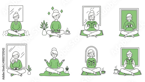 Collection of women meditating and practicing mindfulness in various poses.