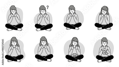Collection of women sitting cross-legged with various expressions.