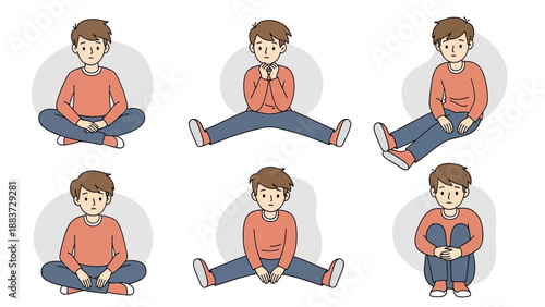 Collection of Young Boys Sitting in Various Poses with Orange Sweaters and Blue Jeans.