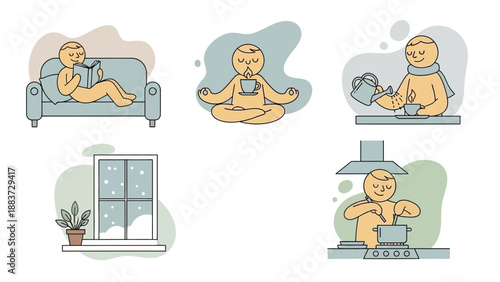 Cozy Winter Activities Collection - Reading, Meditating, Drinking Tea, and Cooking Indoors.