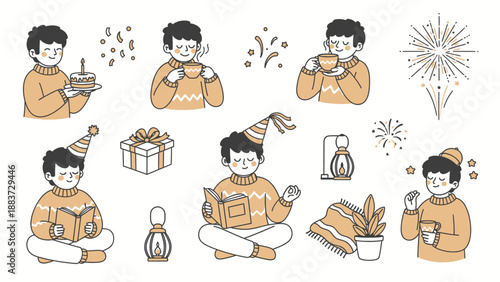 Cozy Winter Scenes Featuring a Person Enjoying Various Activities.