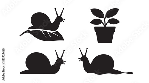 Various Snail and Plant Pot Icons in a Minimalist Graphic Style with Black Silhouettes on a White Background for Nature and Garden Design.