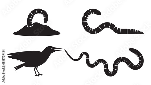 Early bird catching worm illustration with earthworms in simple black and white vector graphic for idiom representation.