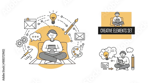 Creative Person Working on Laptop Surrounded by Ideas and Tools.