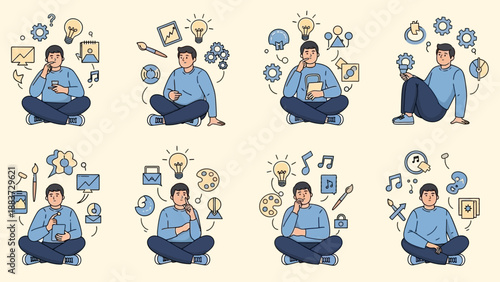 Creative person thinking with lightbulbs and ideas surrounding them.