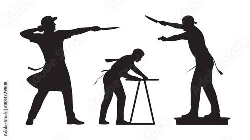 Chefs with knives in dynamic culinary action, professional silhouette style, black and white graphic illustration for restaurant branding.