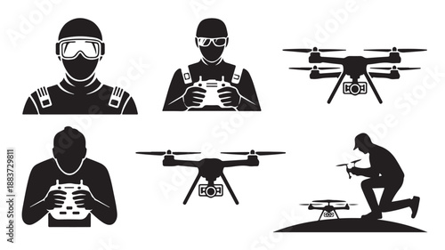 Drone Pilots and Quadcopters in Modern Professional Black and White Vector Illustration for Technology and Aviation Design.