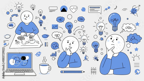 Creative Thinking Process and Idea Generation Doodle Set.