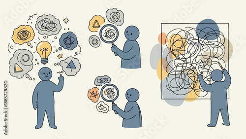 Creative thinking process and problem-solving concepts illustrated with abstract figures.