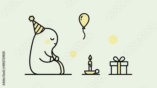 Cute cartoon character celebrating birthday with balloon and gift.