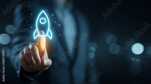rocket is launching and flying from hand to sky for growing business. Startup launch and business growth concept