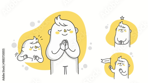 Cute cartoon characters expressing emotions and actions with prayer hands and gestures.