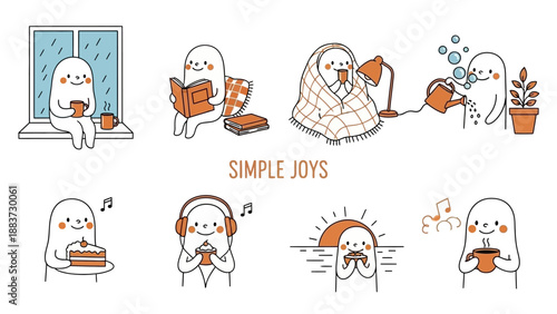 Cute Cartoon Characters Enjoying Simple Joys and Everyday Activities.