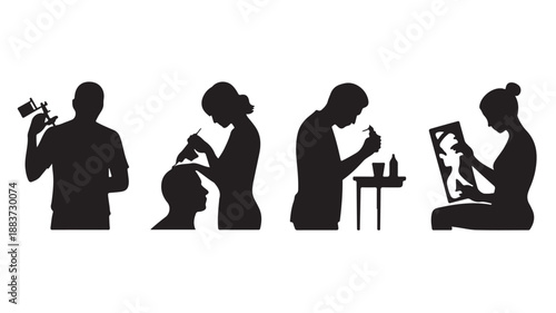 Diverse People Silhouettes Performing Beauty and Personal Care Services in a Modern Graphic Style with High Contrast Black and White Vector Illustration for Wellness Advertising.