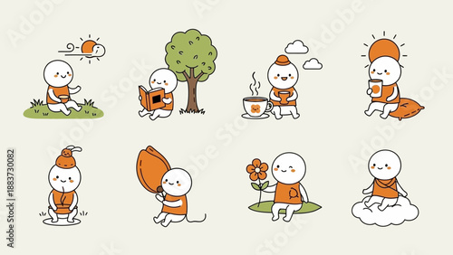 Cute Cartoon Characters Meditating and Enjoying Simple Pleasures.