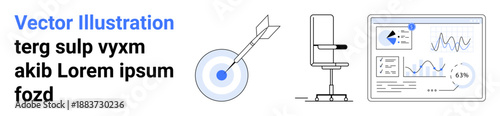 Business strategies, data analytics, office productivity, decision-making, corporate innovation, performance tracking. A target with an arrow, office chair and detailed graphs. Data analytics