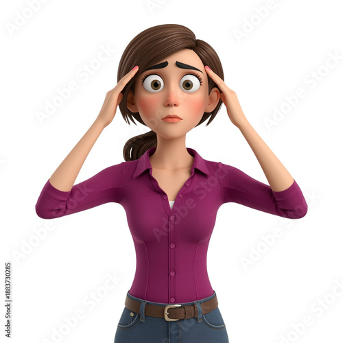 A cartoon-style 3D A woman with brown hair dressed in a purple shirt holding her head in frustration or confusion on transparent background