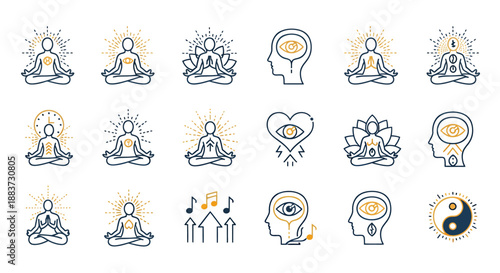 Set of icons representing meditation, mindfulness, and mental wellness concepts.