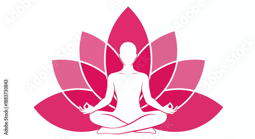 Silhouette of a person meditating in lotus position with pink lotus flower background.