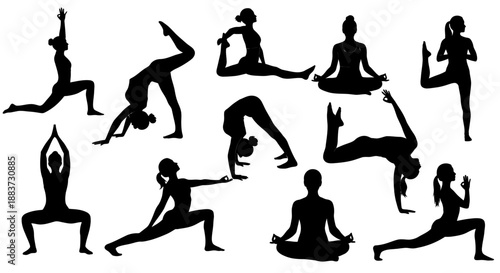 Silhouettes of various yoga poses demonstrating flexibility and balance.