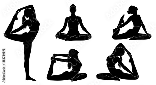 Silhouettes of women performing various yoga poses in black and white.