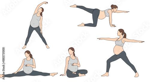 Pregnant woman performing various prenatal yoga and stretching exercises for fitness and relaxation.