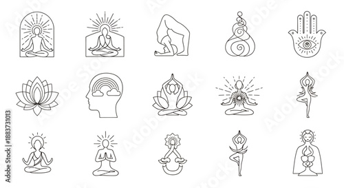 Set of black and white spiritual and meditation icons with lotus and hands.