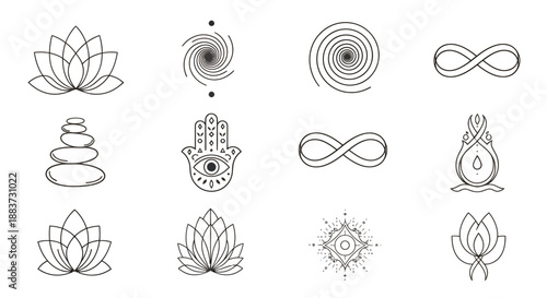 Set of twelve black and white spiritual and meditation symbols icons.