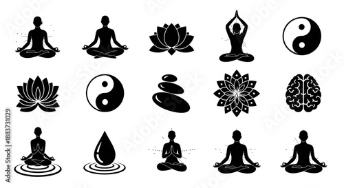Set of black and white meditation and yoga icons with spiritual symbols.
