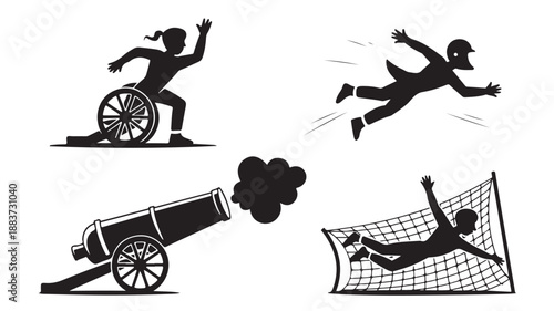 Diverse action silhouettes with dynamic energy in stark black and white vector illustration for motivational and success themes.