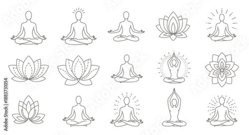 Set of simple black and white meditation and lotus flower icons for relaxation and mindfulness.