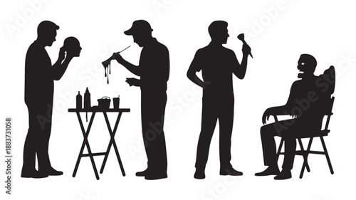 Film and theater production crew silhouettes in collaborative professional style with high contrast black and white vector graphic for entertainment industry representation.
