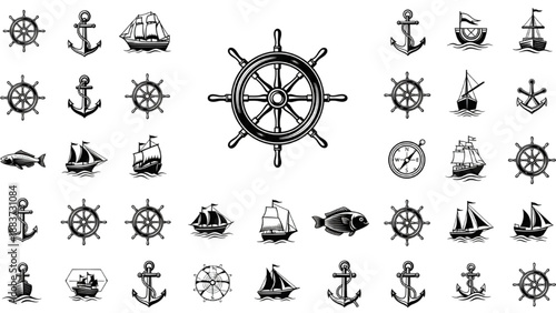 Nautical Navigation Icons Pack – Compass, Maritime Direction Symbols, Black Minimal Vector