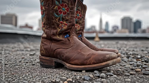 Decorated cowboy boots on rooftop